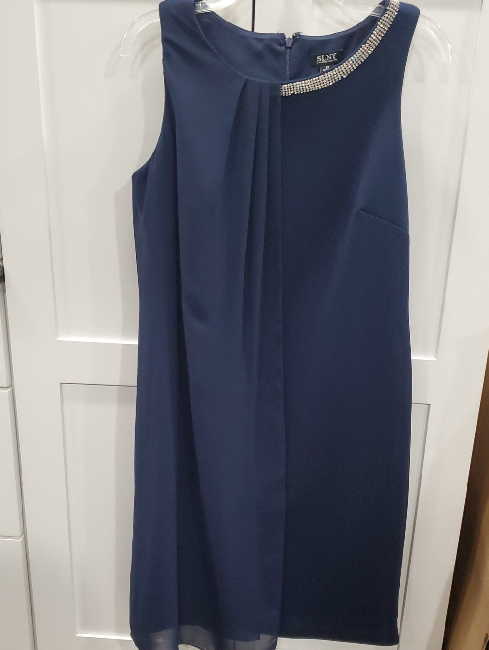 SLNY Navy Sleeveless Shift Dress with Rhinestone Accent